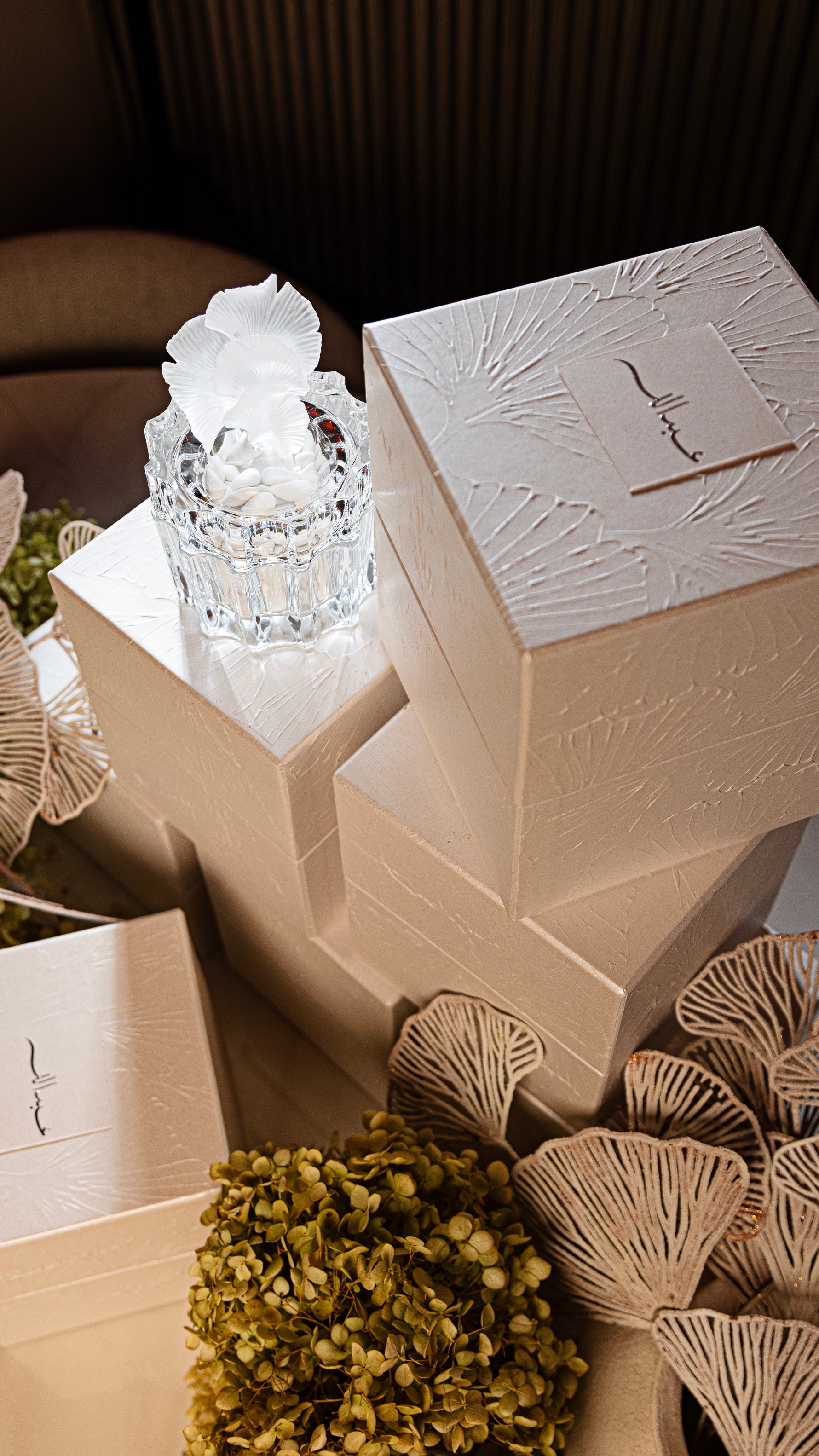 Lumiere bespoke pearly gift box with ginkgo pattern and handmade crystal jar by Atelier Carrousel