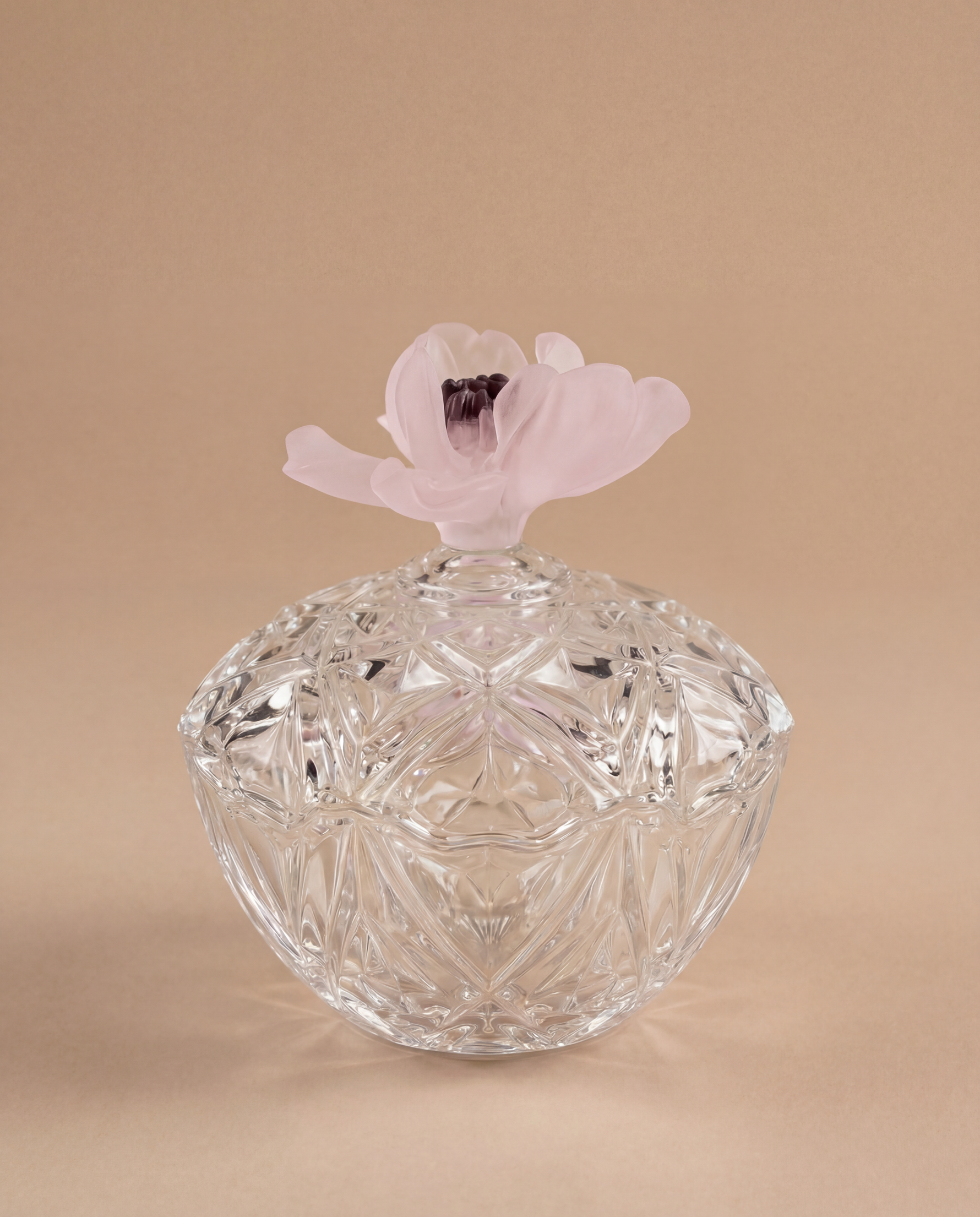Camelia luxury patterned glass jar with handcrafted crystal bloom lid by Atelier Carrousel
