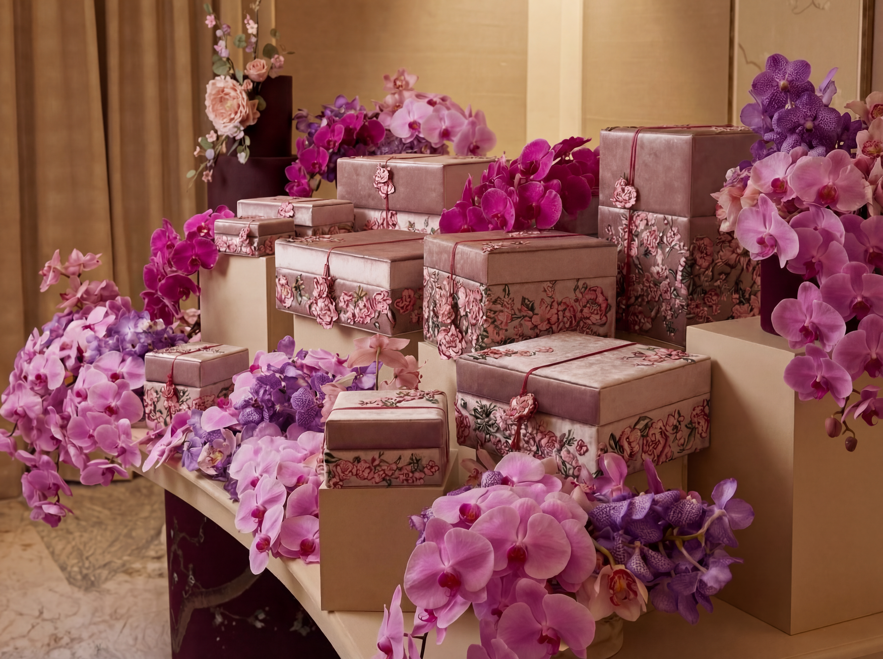 Zihab in Bloom set of 12 bespoke handcrafted velvet boxes with floral embroidery by Atelier Carrousel