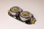 Golden Lace luxury silver and gold jar set on tray with intricate gold lace florals by Atelier Carrousel