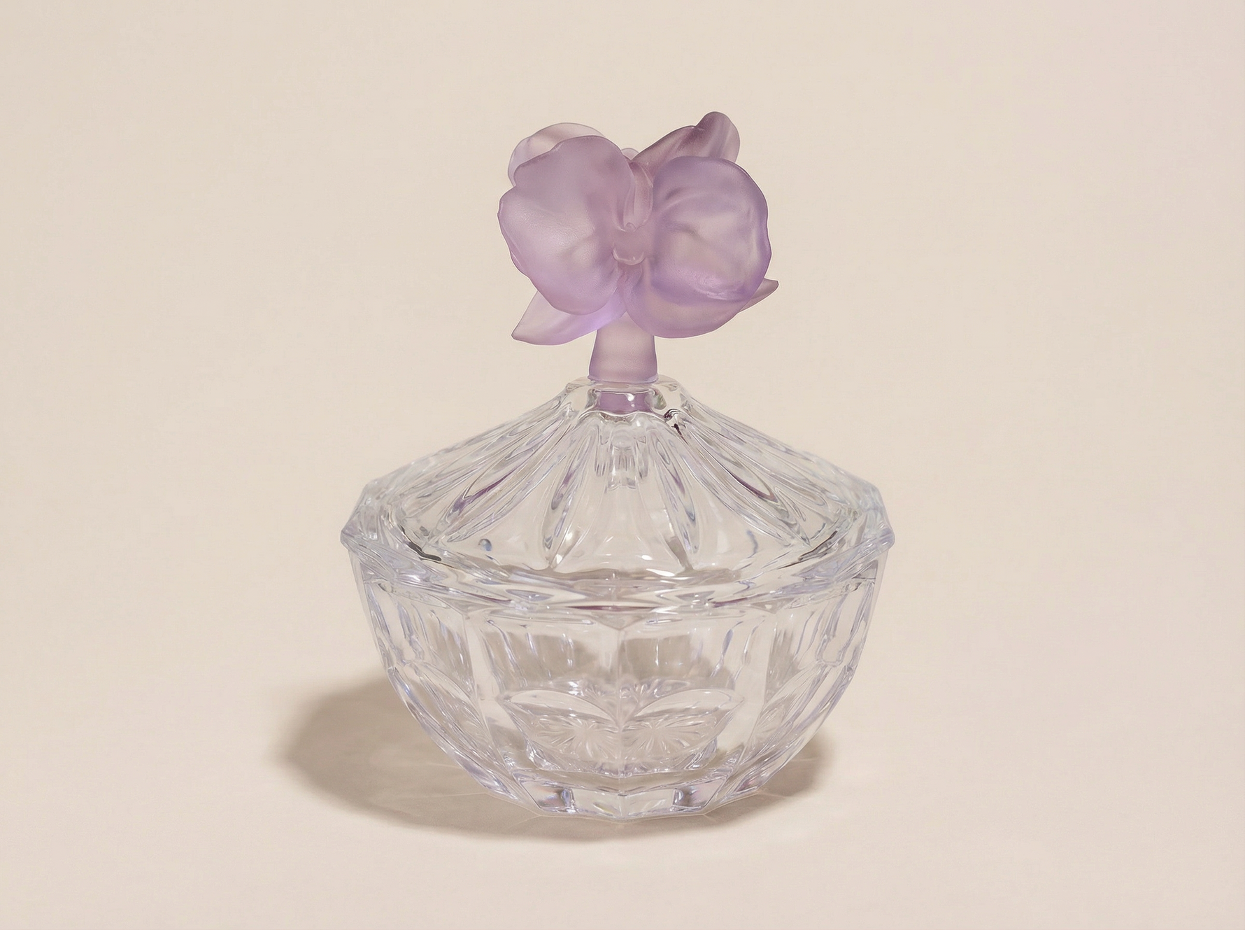 Ruha luxury crystal jar with two handcrafted pink orchid flower lids by Atelier Carrousel