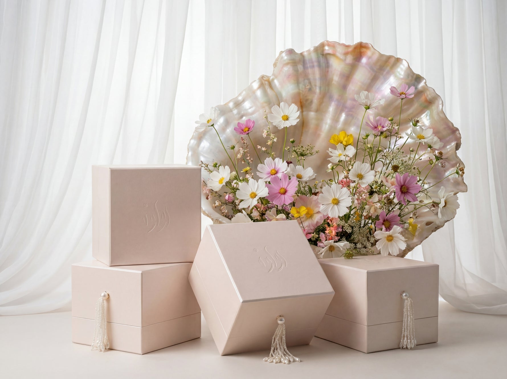 Loulwa bespoke pearly hard gift box with pearl tassel by Atelier Carrousel
